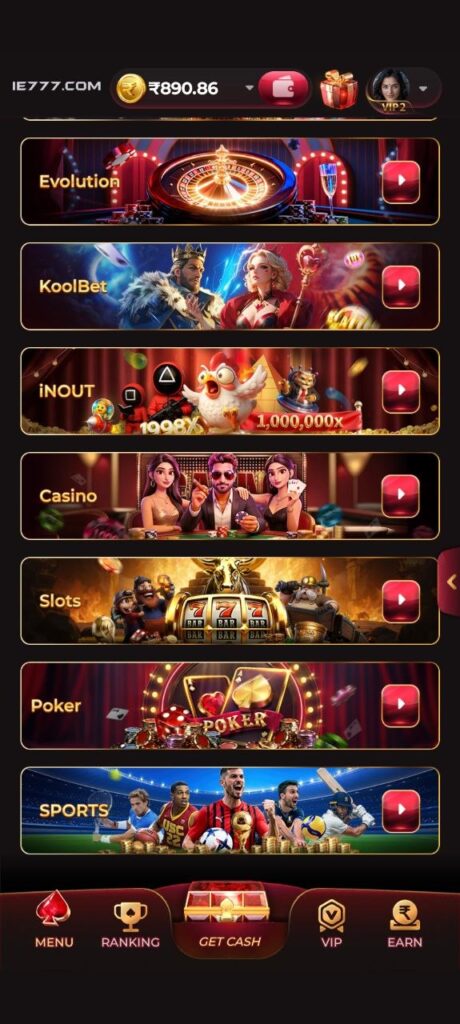 ie777 game app homepage showing casino, slots, poker, sports and live gaming options