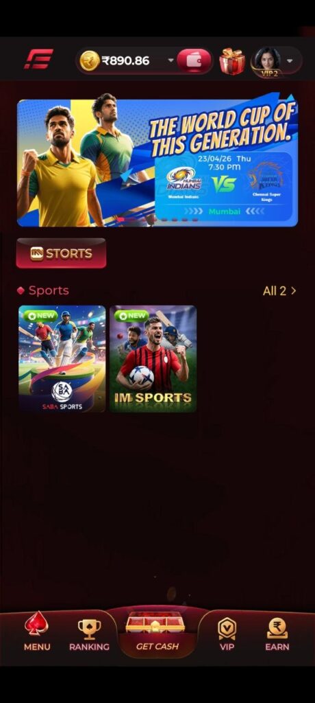 IE777 game app homepage screenshot showing sports games wallet balance menu get cash VIP and earn options